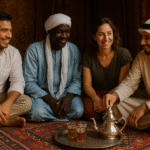 Four people from Mexico, Chad, Europe, and the Arab world sharing tea on a traditional carpet — symbol of intercultural connection and strategic unity.